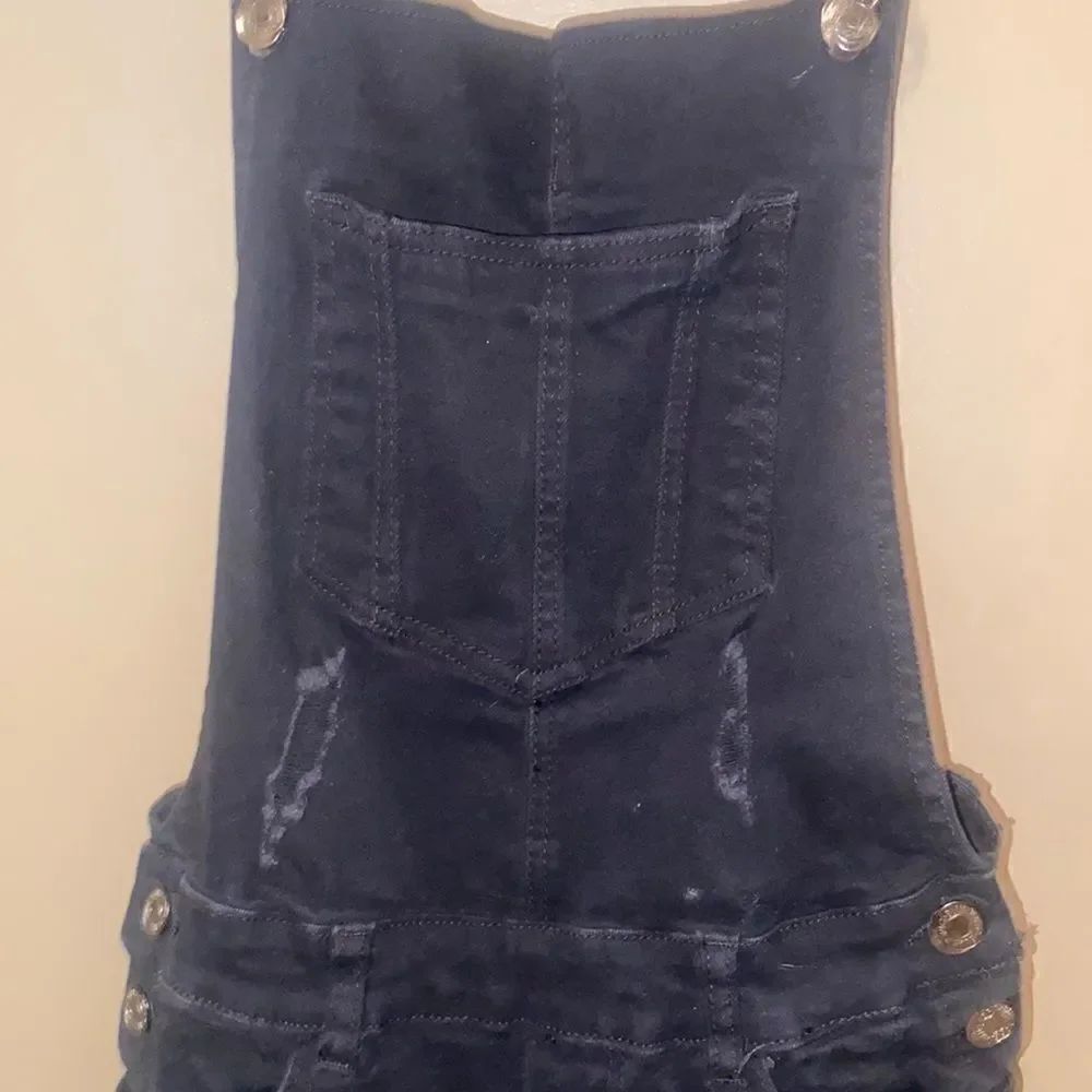 Blue Topic Black Jean Overall Shorts Size Medium Distressed - Picture 2 of 13